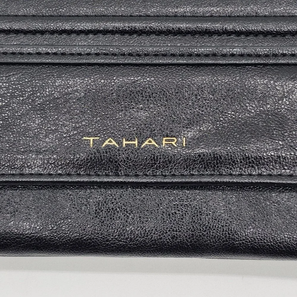 Tahari Tri Fold Wallet Black Faux Leather Credit Card Slots Vintage Snap Button